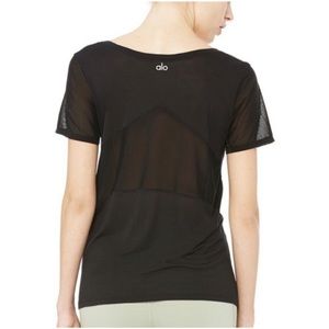 ALO Yoga Black Luxx Mesh Inset Short Sleeve Sheer T-Shirt Tee Logo Athletic L